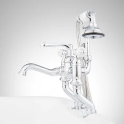 Glenwood Deck Mounted Roman Tub Filler With Variable Couplers- Includes Telephone Style Hand Shower -Bathroom Sales Store signature hardware 906537 side view chrome 274