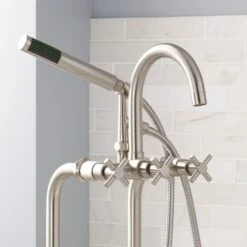 Sebastian 34-1/2" Floor Mounted Tub Filler Faucet With Metal Cross Handles - Includes Hand Shower And Valve -Bathroom Sales Store signature hardware 909045 34 detail view 249