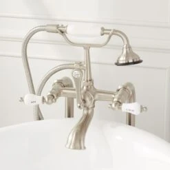 31-1/2" Floor Mounted Clawfoot Tub Filler Faucet With Integrated Diverter- Includes Telephone Style Hand Shower -Bathroom Sales Store signature hardware 913702 31 brushed nickel detail 21