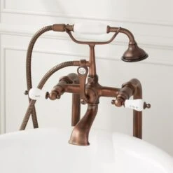 31-1/2" Floor Mounted Clawfoot Tub Filler Faucet With Integrated Diverter- Includes Telephone Style Hand Shower -Bathroom Sales Store signature hardware 913702 31 oil rubbed bronze detail 22