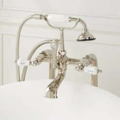 31-1/2" Floor Mounted Clawfoot Tub Filler Faucet With Integrated Diverter- Includes Telephone Style Hand Shower -Bathroom Sales Store signature hardware 913702 31 polished nickel detail 23