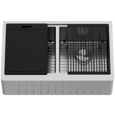 VIGO Oxford 33" Farmhouse Double Basin Stainless Steel Kitchen Sink With Basin Rack, Basket Strainer And Cutting Board 3 VIGO Oxford 33" Farmhouse Double Basin Stainless Steel Kitchen Sink With Basin Rack, Basket Strainer And Cutting Board