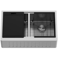 VIGO Oxford 33" Farmhouse Double Basin Stainless Steel Kitchen Sink With Basin Rack, Basket Strainer And Cutting Board 20 VIGO Oxford 33" Farmhouse Double Basin Stainless Steel Kitchen Sink With Basin Rack, Basket Strainer And Cutting Board -Bathroom Sales Store vigo vgs3320blsa alternate image 129