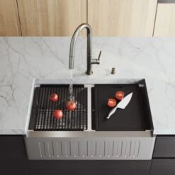 VIGO Oxford 33" Farmhouse Double Basin Stainless Steel Kitchen Sink With Basin Rack, Basket Strainer And Cutting Board 23 VIGO Oxford 33" Farmhouse Double Basin Stainless Steel Kitchen Sink With Basin Rack, Basket Strainer And Cutting Board -Bathroom Sales Store vigo vgs3320blsa alternate image 330