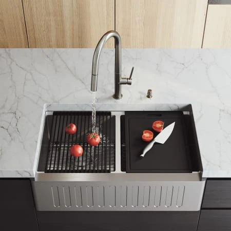VIGO Oxford 33" Farmhouse Double Basin Stainless Steel Kitchen Sink With Basin Rack, Basket Strainer And Cutting Board 8 VIGO Oxford 33" Farmhouse Double Basin Stainless Steel Kitchen Sink With Basin Rack, Basket Strainer And Cutting Board - Image 6