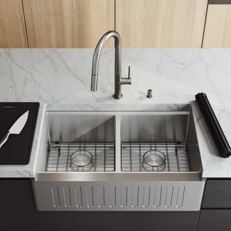 VIGO Oxford 33" Farmhouse Double Basin Stainless Steel Kitchen Sink With Basin Rack, Basket Strainer And Cutting Board 9 VIGO Oxford 33" Farmhouse Double Basin Stainless Steel Kitchen Sink With Basin Rack, Basket Strainer And Cutting Board - Image 7