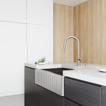 VIGO Oxford 33" Farmhouse Double Basin Stainless Steel Kitchen Sink With Basin Rack, Basket Strainer And Cutting Board 10 VIGO Oxford 33" Farmhouse Double Basin Stainless Steel Kitchen Sink With Basin Rack, Basket Strainer And Cutting Board - Image 8