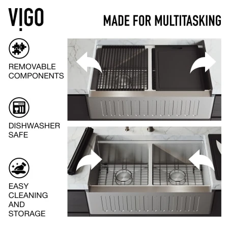 VIGO Oxford 33" Farmhouse Double Basin Stainless Steel Kitchen Sink With Basin Rack, Basket Strainer And Cutting Board 12 VIGO Oxford 33" Farmhouse Double Basin Stainless Steel Kitchen Sink With Basin Rack, Basket Strainer And Cutting Board - Image 10