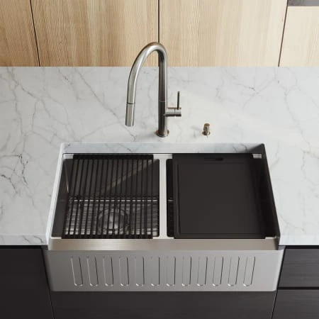 VIGO Oxford 33" Farmhouse Double Basin Stainless Steel Kitchen Sink With Basin Rack, Basket Strainer And Cutting Board 4 VIGO Oxford 33" Farmhouse Double Basin Stainless Steel Kitchen Sink With Basin Rack, Basket Strainer And Cutting Board - Image 2
