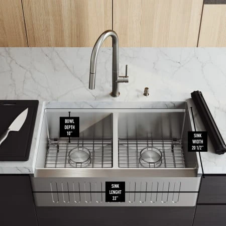 VIGO Oxford 33" Farmhouse Double Basin Stainless Steel Kitchen Sink With Basin Rack, Basket Strainer And Cutting Board 18 VIGO Oxford 33" Farmhouse Double Basin Stainless Steel Kitchen Sink With Basin Rack, Basket Strainer And Cutting Board - Image 16