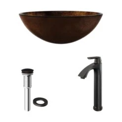 VIGO Linus 16-1/2" Glass Vessel Bathroom Sink With 1.2 GPM Deck Mounted Bathroom Faucet And Pop-Up Drain Assembly -Bathroom Sales Store vigo vgt504 included pieces 249